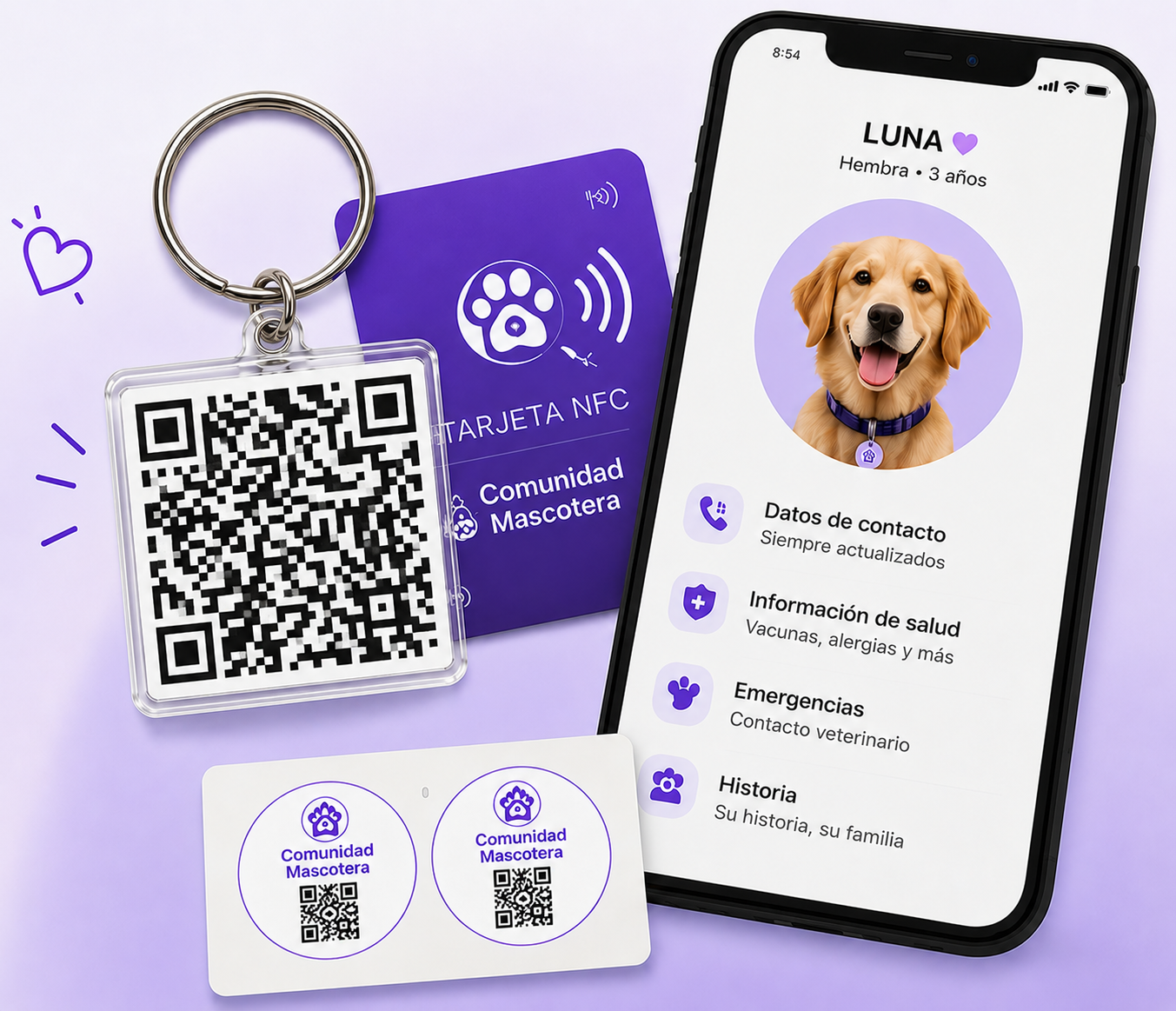 QR Físico de Comunidad Mascotera: llavero acrílico con QR y NFC