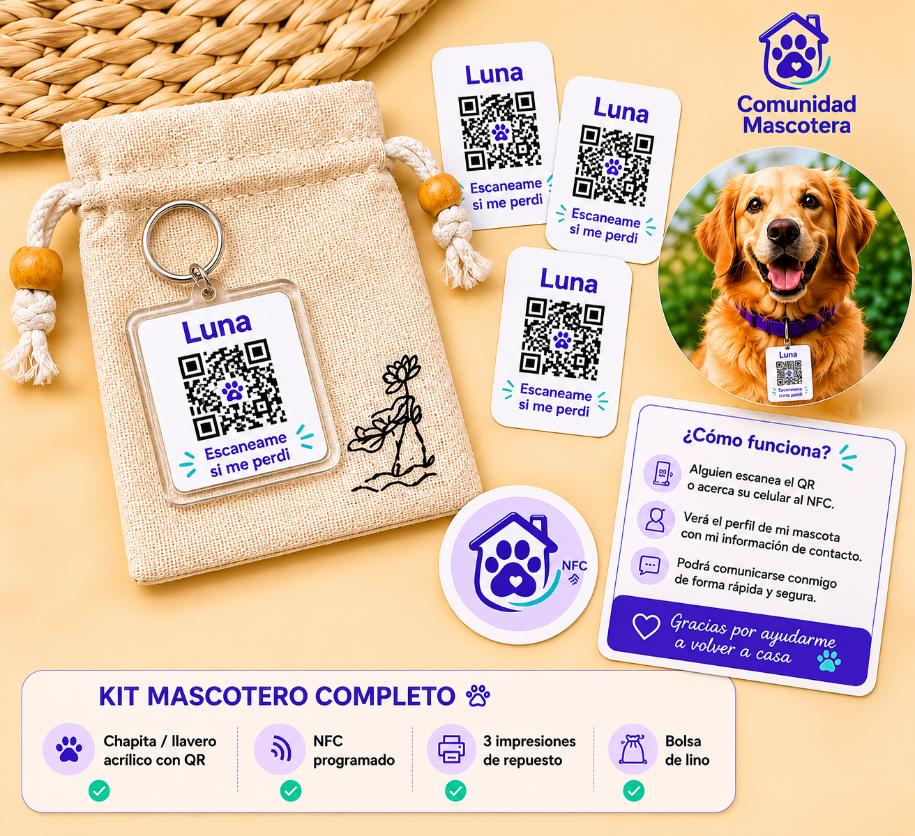 Kit Mascotero: chapita QR, NFC y bolsita de presentación